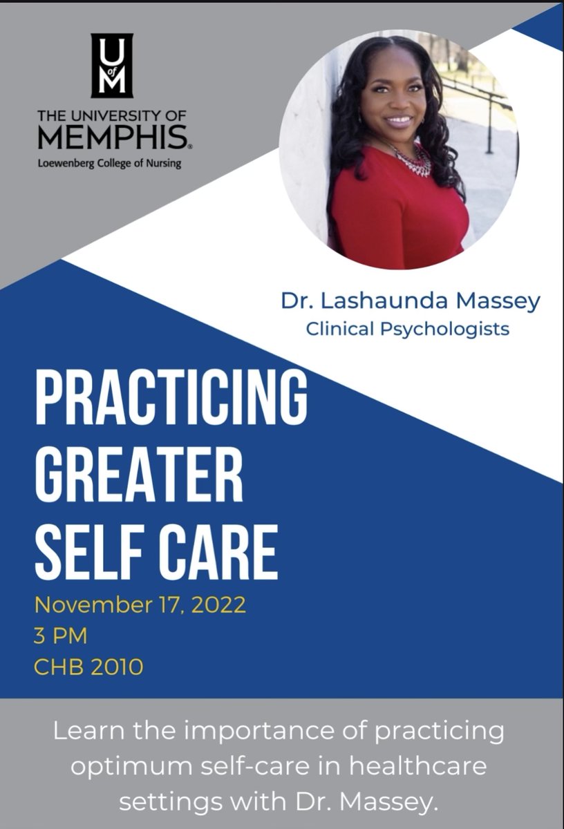 Awesome opportunity to present on Self care in Healthcare for nursing students at University of Memphis.  Thanks Dr. Coleman for inviting me &amp; including mental health in the wellness series.
Part 1 of pouring into providers this week.
#mentalhealth #psychology #nursing