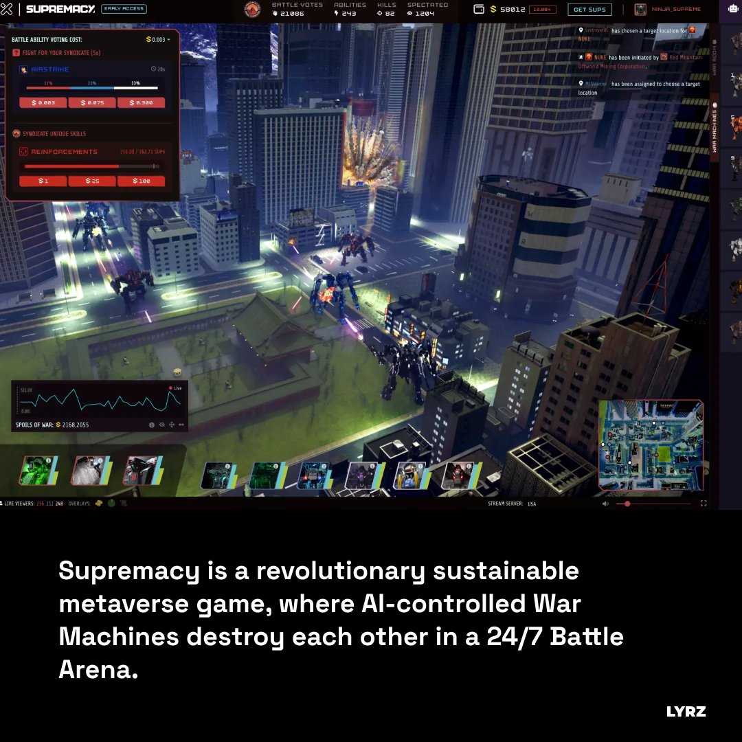 Interact_labs's tweet photo. 👾 Discover NFT Games:
"Supremacy" is a revolutionary sustainable metaverse game, where AI-controlled War Machines destroy each other in a 24/7 Battle Arena.
@SupremacyMeta

#LYRZ
#PlayTradeCreate
#blockchaintechnology
#blockchaingame
#Binance  #immutablex
#nftgames #NFT https://t.co/2L1XWizIWK