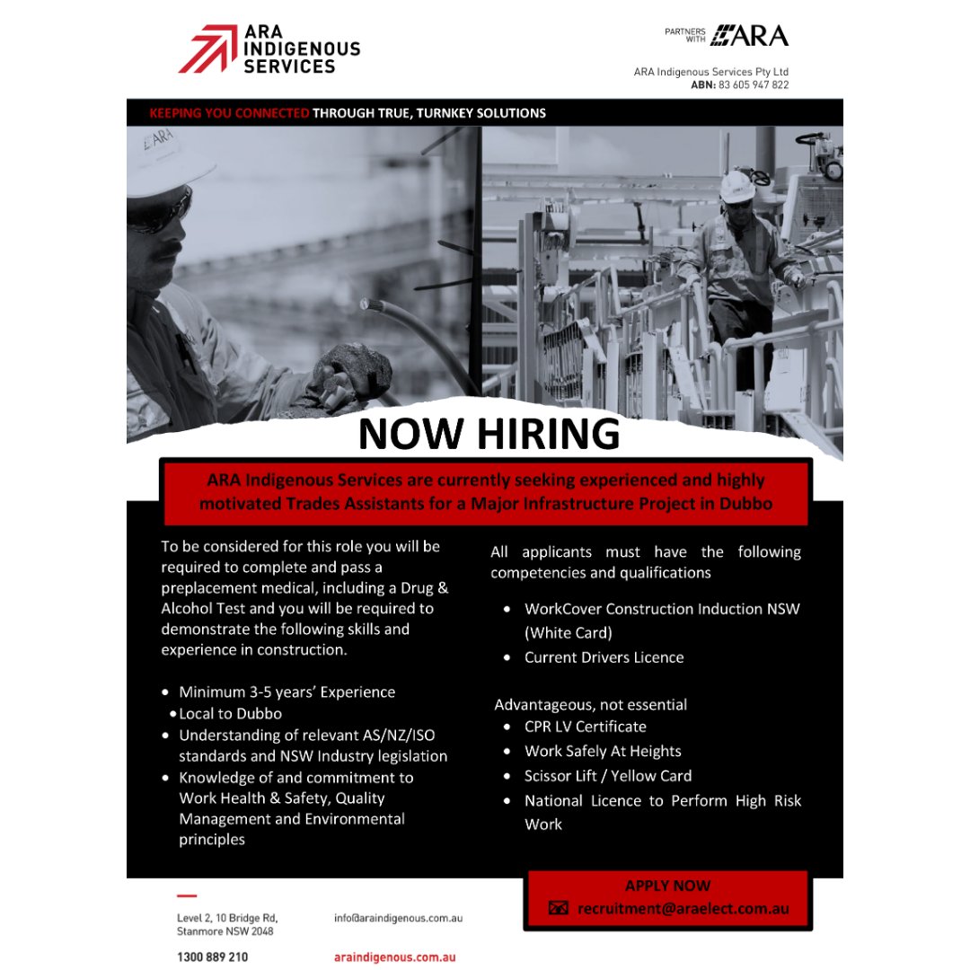 We're hiring and offering employment opportunities for Indigenous Trade Assistants in and local to the Dubbo region in NSW.
ARA - Here for you. Here for good.
<a href="/araisservices/">ARA Indigenous Services</a>
#araelectrical #tradeassistants #dubboregionemployment #dubbonsw #dubbo