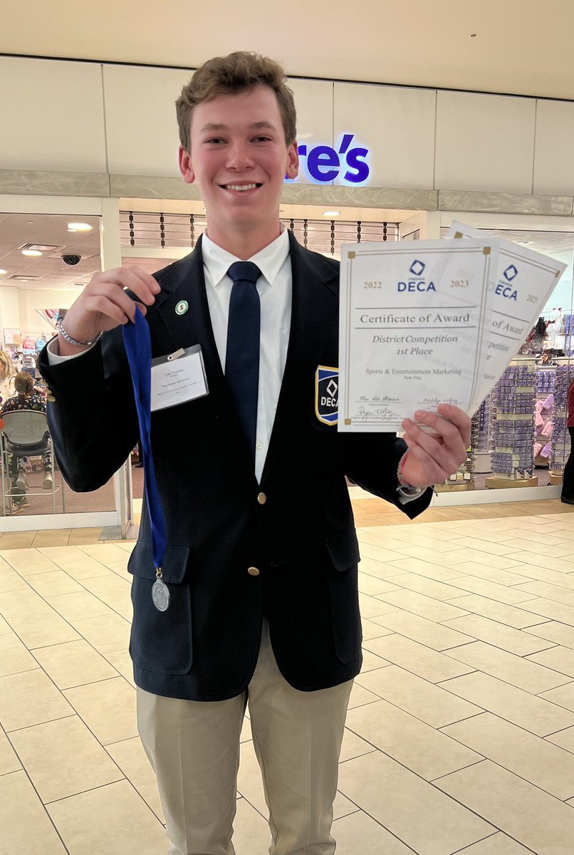 Way to go, Tyler!  Proud of you!  Took 1st place for role play and 1st place overall in your competition at DECA Districts today earning a spot to compete at States. #kglife #cte #kgdeca 💙🦊💛🔷 <a href="/TylerTruslow24/">Tyler Truslow 2024</a>