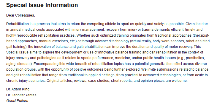 ElsaQiu1's tweet photo. #mdpisports SI Call for paper:
The Development of Balance Training and Gait Rehabilitation https://t.co/bYEw1LkXE1  via @Sports_MDPI 
@Akingwvu 
@Dr_JennaY https://t.co/hwieF3uQhA