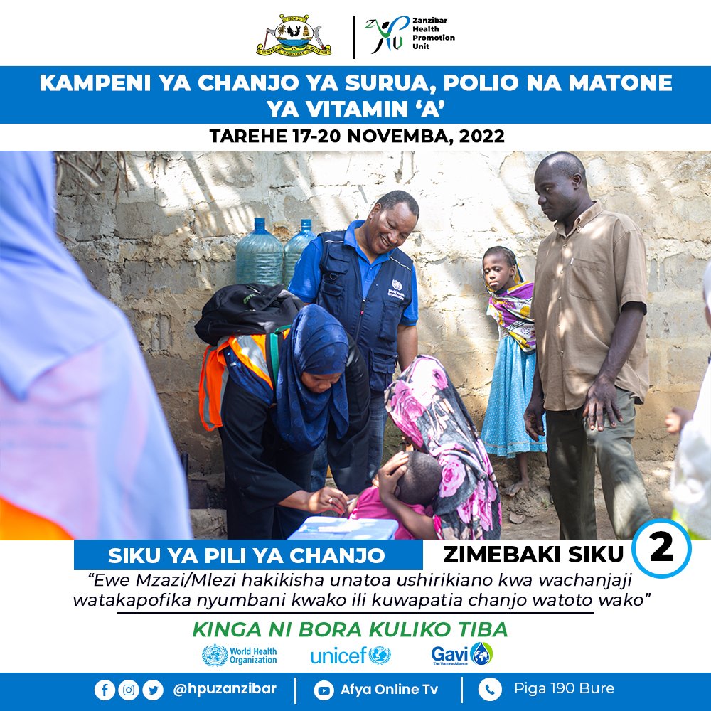 Leo ni siku ya Pili ya Kampeni Maalum ya Utoaji wa Chanjo ya #SURUA, #Polio na Matone ya Vitamin 'A' kwa watoto walio chini ya Umri wa Miaka mitano ndani ya Wilaya Zote za Zanzibar.  #kinganiborakulikotiba #surua #polio #afyazanzibar #afyayamamanamtoto #hpuzanzibar