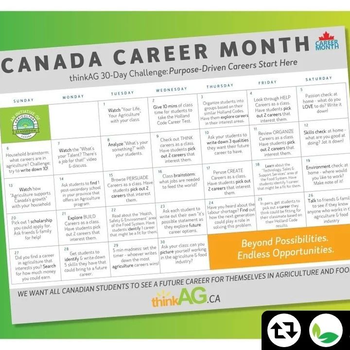 Repost - <a href="/aitcmb/">Agriculture in the Classroom-Manitoba</a>
It's #CareerMonth in Canada and we're continuing our ✋ ways #MBTeachers can get involved!

✌️ Download the #ThinkAG 30-day Challenge Calendar — inspire students daily as they explore a future in the agriculture and food industry!

Ge… instagr.am/p/ClFeth1tW_4/