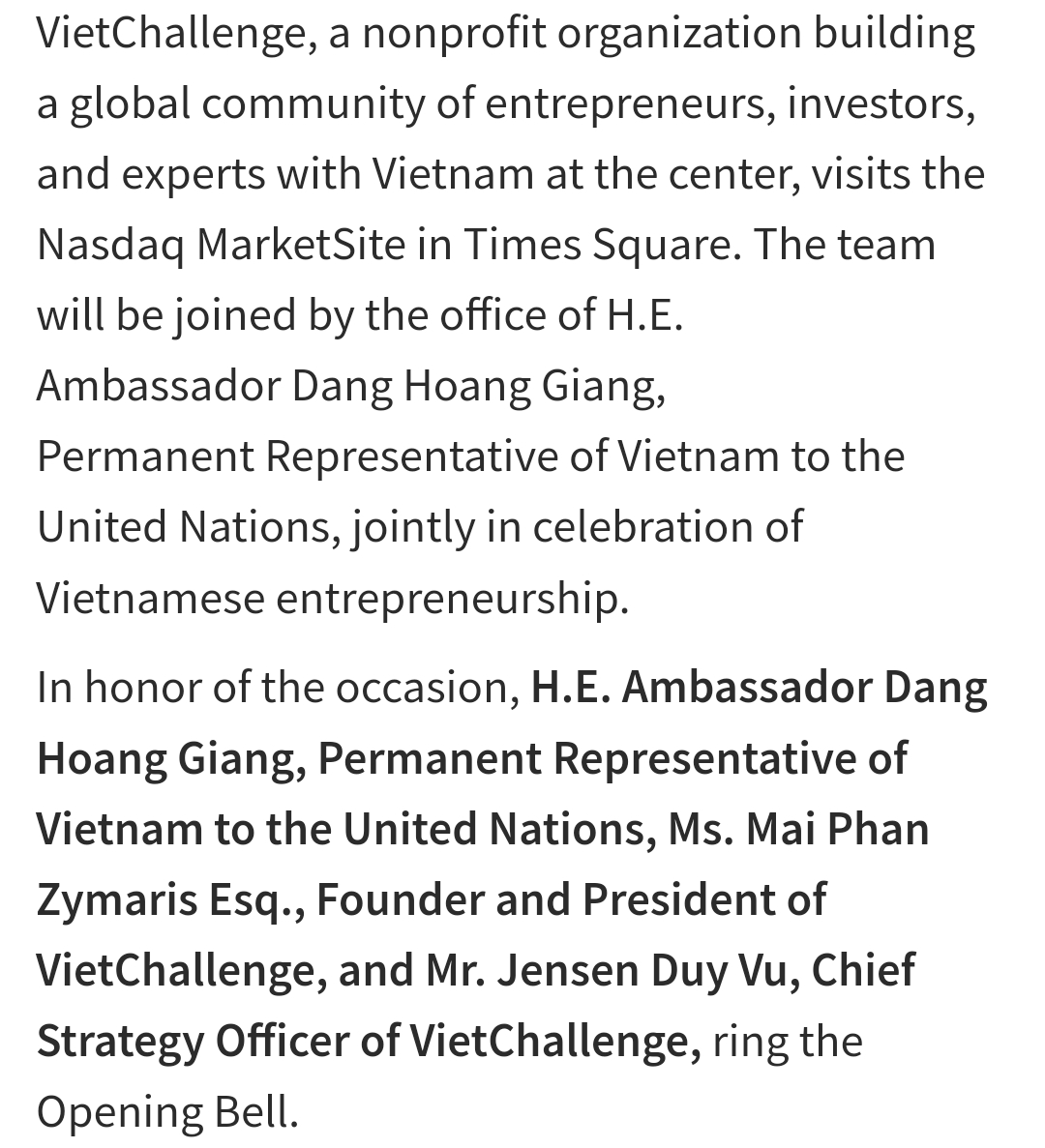 DzLe77's tweet photo. @viet_challenge rings the @Nasdaq Opening Bell on November 17.
joined by H.E. Amb. Dang Hoang Giang @VietNam_UN https://t.co/eYaILdChkU