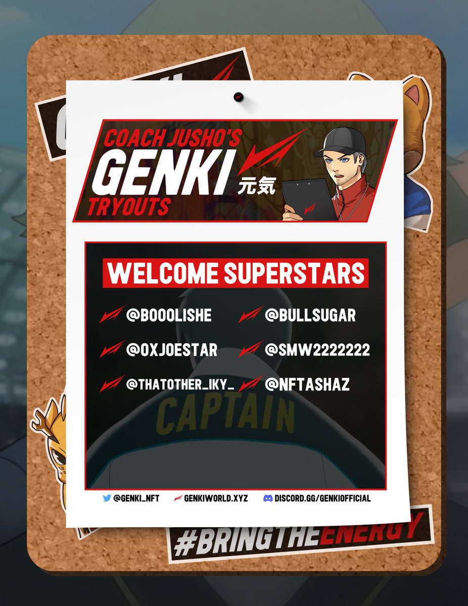 Welcome the newest superstars of <a href="/Genki_NFT/">Genki</a> !

<a href="/BooolishE/">…rumbling</a> 
<a href="/bullsugar/">bullsugar ✿</a> 
<a href="/0xJoestar/">Joestar</a> 
<a href="/smw2222222/">Dum🅱️Kell • ᴗ • 🐸 Cambria DuelArena🐸</a>
<a href="/thatother_lky_/">LEEKY ★⛩️ ㊏㊎</a> 
<a href="/NFTashaz/">NfTashaz</a> 

We look forward to having you #BringTheEnergy ⚡