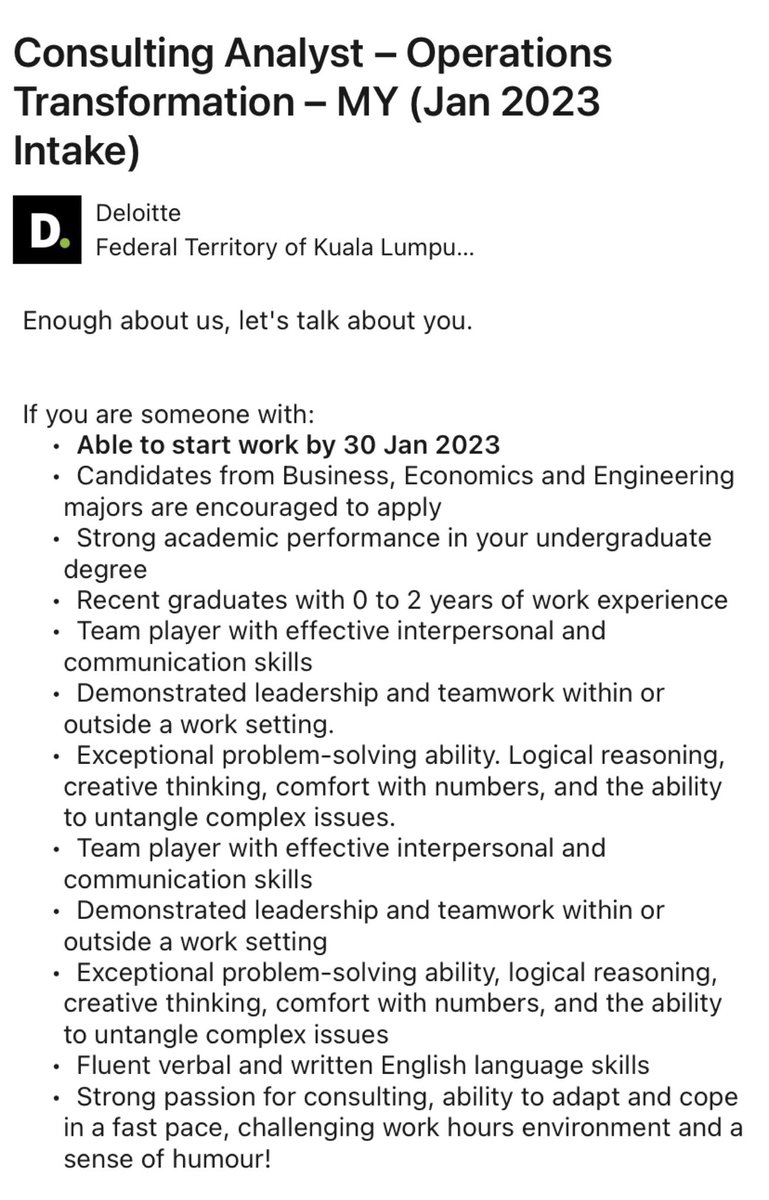 getmehired_io's tweet image. ❕ Deloitte is HIRING  ❕

📌 Consulting Analyst - Operations Transformation - MY Jan 2023
Intake)

🎓 Fresh graduates are encouraged to apply

✅ Apply now:
linkedin.com/jobs/view/3338…