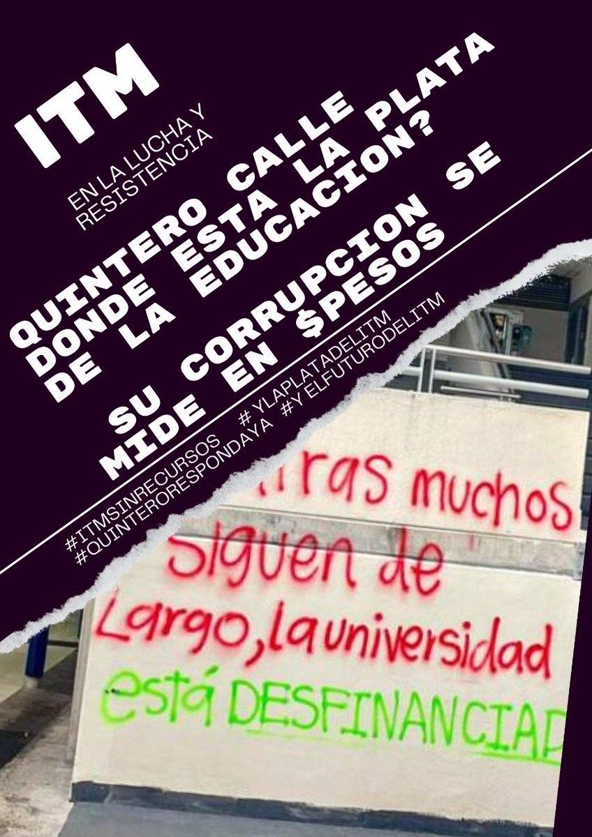 XoniiaMartinez's tweet photo. @QuinteroCalle #SOSITM el alcalde de Medellín @QuinteroCalle disminuyó el presupuesto a la mejor Institución Universitaria de la ciudad, lo que la dejará desfinanciada para el próximo año y NO DA LA CARA a los estudiantes, ¡Cobarde!
#QuinteroNoDesfinancieElITM https://t.co/NoATvDA6kL