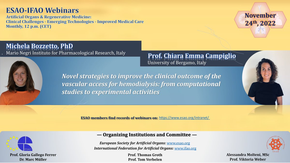 ArtifOrgans's tweet photo. REMINDER👉Register for the next ESAO-IFAO #Webinar on November 24th 2022, 12:00 PM CET with Dr. Michela Bozzetto and @CCampiglio about "#Novel strategies to improve the #ClinicalOutcome of the #Vascular access for hemodialysis"👇
https://t.co/fvuPJ0nYw1 https://t.co/chdKRDG2eB
