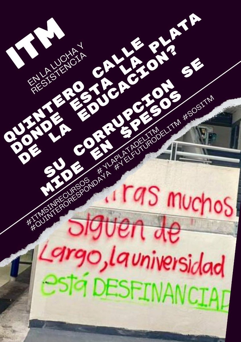 XoniiaMartinez's tweet photo. @QuinteroCalle @diamaov #SOSITM el alcalde de Medellín @QuinteroCalle disminuyó el presupuesto a la mejor Institución Universitaria de la ciudad, lo que la dejará desfinanciada para el próximo año y NO DA LA CARA a los estudiantes, ¡Cobarde!
#QuinteroNoDesfinancieElITM https://t.co/NC12NrdEMG