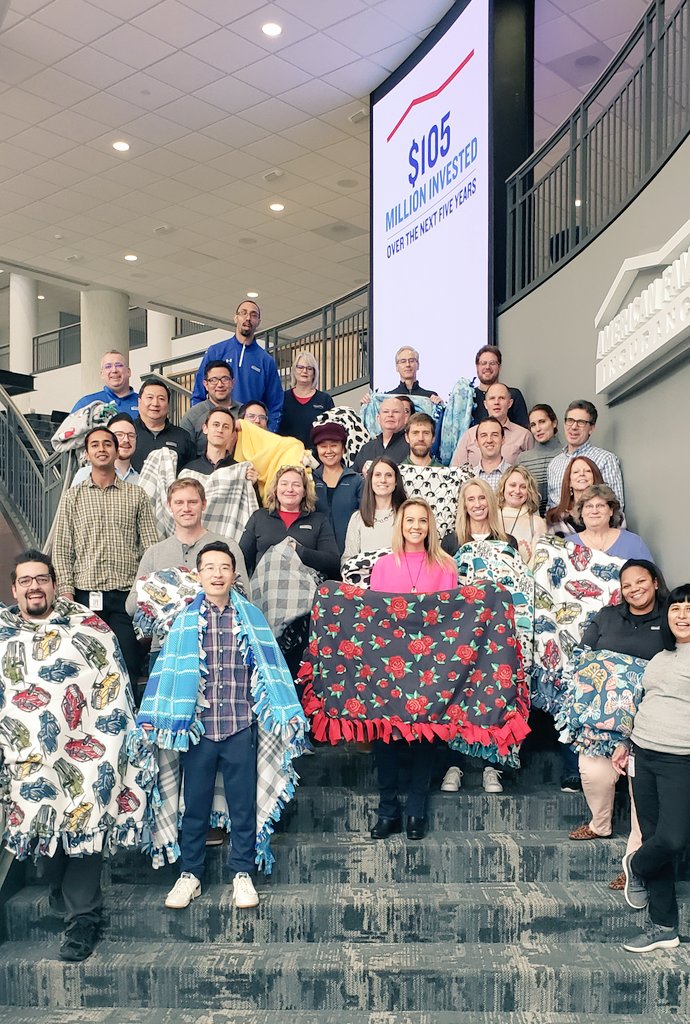ashort19's tweet photo. @amfam @josephcgates ERM back in the office. Giving thanks and giving back by making tie-blankets for Veterans living in nursing homes.  #iwork4AmFam https://t.co/BcmaDP3oHe