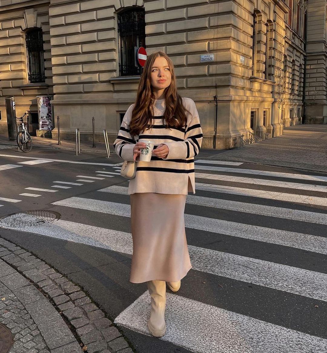 Sunkissed goddess coming through ☀️All slay, no mercy when our girl @lototskayalera glows in our Creamy Cappuccino Satin Skirt + Drop Shoulder Striped Sweater📽 Sweater🔍OA21110632 Skirt🔍OA220824024 Check it out at thecommense.com, link in bio! #commense #cmsgang