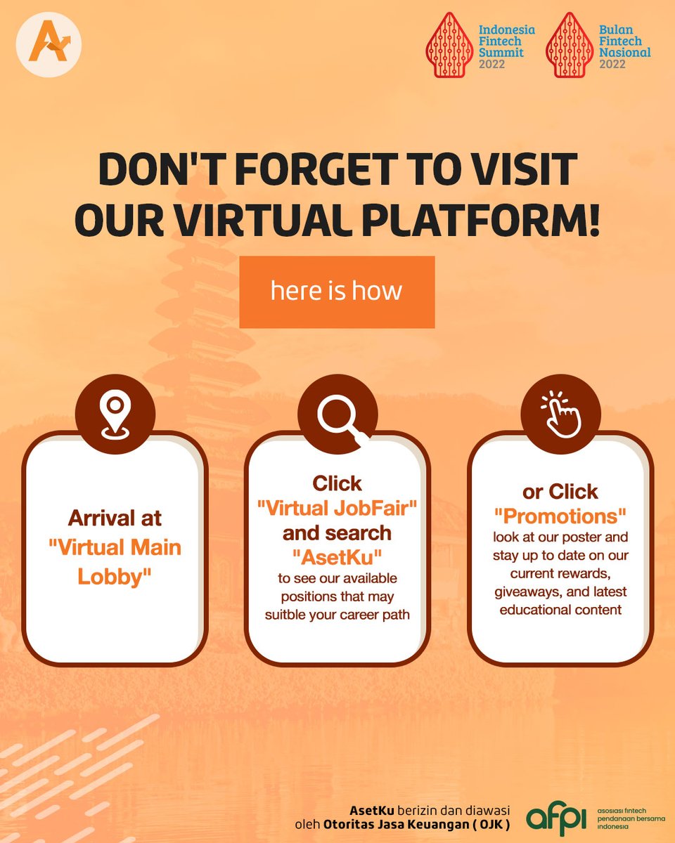 Asetku_id's tweet photo. Jangan lupa kunjungi Virtual Platform AsetKu! Yuk segera registrasi melalui website https://t.co/sG8RlJUgY0 agar #TemanKu dapat mengikuti seluruh kegitan IFS dan BFN secara GRATIS!

Buruan register sekarang!

#AsetKu #MajuBersamaFintech #PakaiFintech #IFSE2022 #BFN2022 #Fintechid https://t.co/vaqyP0w3jt