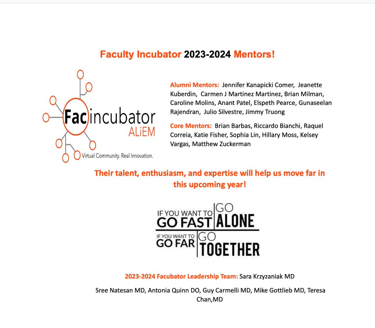 Join us in congratulating our amazing mentors for the <a href="/ALiEMFac/">Faculty Incubator</a> 2023-2024 cohort! Apps opening soon for your chance to learn from these star educators.#MedEd <a href="/sreeja_natesan/">Sree Natesan, MD (she/her)</a> <a href="/SMKrzyz/">Sara Krzyzaniak</a> <a href="/GuyCarmelli/">Guy Carmelli</a> <a href="/TChanMD/">Teresa Chan | 陳敏怡</a> <a href="/MGottliebMD/">Michael Gottlieb</a>