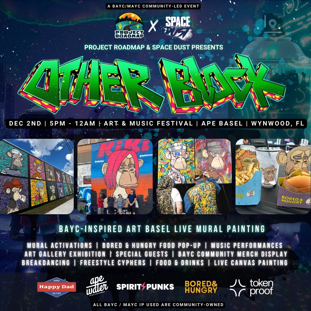 swickie ✨ (@byswickie) on Twitter photo ATTN BAYC & MAYC: <a href="/projroadmap/">Project Roadmap Murals</a> x <a href="/SpaceDustHQ/">Space Dust</a> proudly presents <a href="/TheOtherBlock/">OtherBlock: The One and Only ⚡️</a>: Ape Basel Miami.
First ever community-led <a href="/BoredApeYC/">Bored Ape Yacht Club 🍌</a>-themed art & music festival. Join us 12/2 for mural painting, performances & straight-up fckn VIBES!
Tickets live 11/21, powered by <a href="/tokenproof/">tokenproof.xyz</a> ATTN BAYC & MAYC: <a href="/projroadmap/">Project Roadmap Murals</a> x <a href="/SpaceDustHQ/">Space Dust</a> proudly presents <a href="/TheOtherBlock/">OtherBlock: The One and Only ⚡️</a>: Ape Basel Miami.
First ever community-led <a href="/BoredApeYC/">Bored Ape Yacht Club 🍌</a>-themed art & music festival. Join us 12/2 for mural painting, performances & straight-up fckn VIBES!
Tickets live 11/21, powered by <a href="/tokenproof/">tokenproof.xyz</a>
