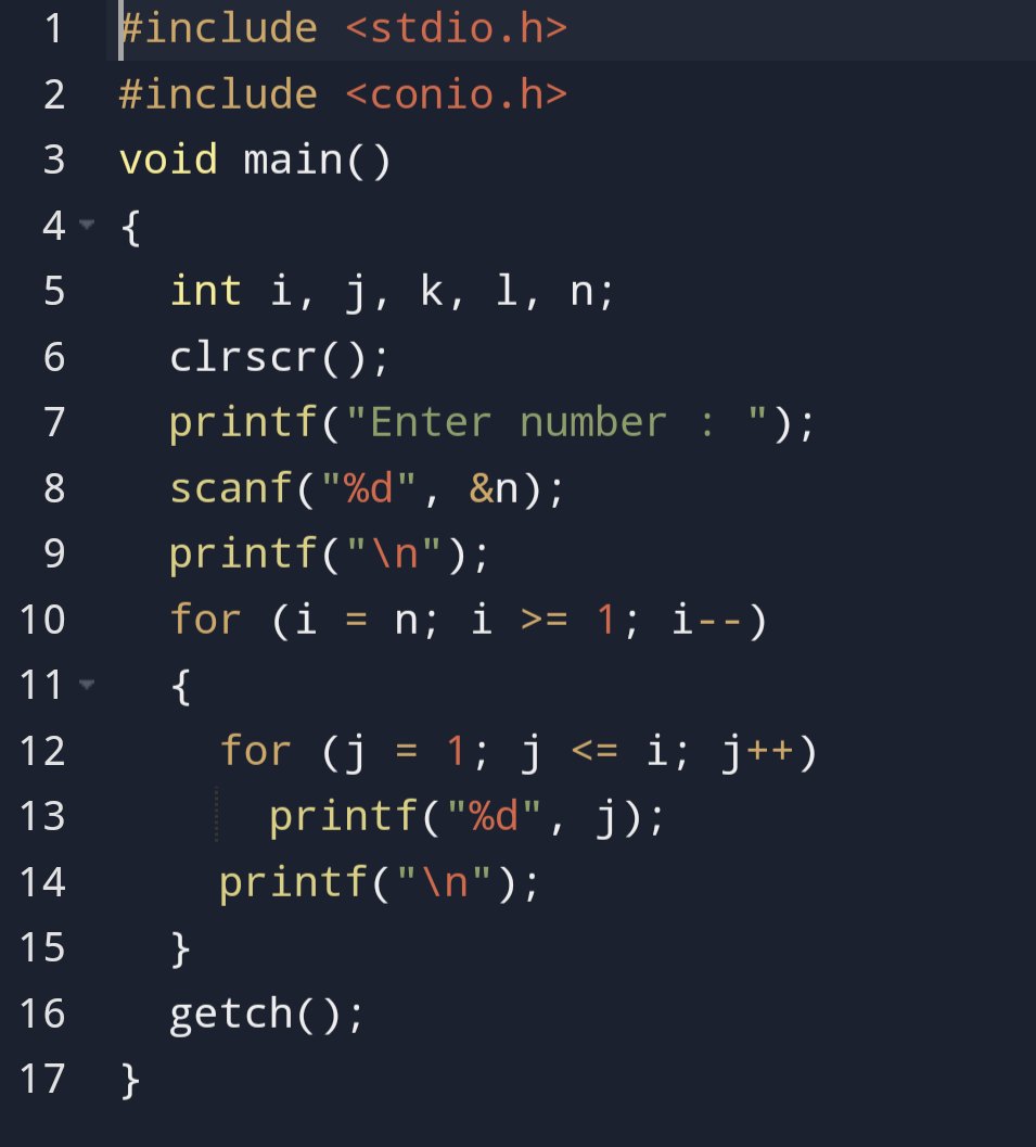 luckykalsi22's tweet image. Print Pattern 
1 2 3 4 5
1 2 3 4
1 2 3
1 2
1
using c programming language 
#programminglanguage #coading #programminglover #programming #code #languagelearning