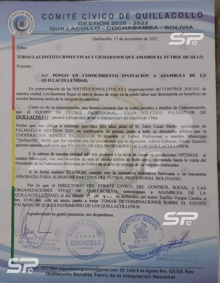 El Comité Cívico de Quillacollo rechaza la transferencia del club Atlético Palmaflor a las Seis Federaciones del Trópico. Sostienen que la Cooperativa Minera Palmaflor hace tres años regaló al municipio el equipo que es considerado patrimonio de los quillacolleños.
📸Sporting 10