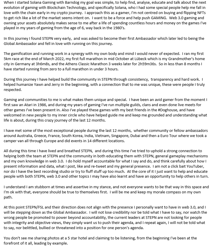 Barndog_Solana's tweet image. It is with a heavy heart I will be stepping down as Global Ambassador at STEPN

Attached is a letter written for the community, and I would like to thank you all, it was an absolute honor and I wish you all the best in the future

Be safe in this tough time, and keep on moving
🏃‍♂️