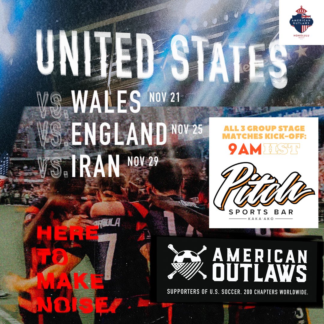 AOHonolulu's tweet photo. Tell your family and your friends!

All group match watch parties will be at @pitchsportsbar, kick-off schedule for 9am Hawaii time!

Monday 11/21 - Wales 🏴󠁧󠁢󠁷󠁬󠁳󠁿 
Friday 11/25 - England 🏴󠁧󠁢󠁥󠁮󠁧󠁿
Tuesday 11/29 - Iran 🇮🇷 https://t.co/Qsk7cIgTOL
