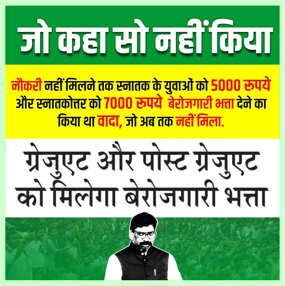 BJP RAMGARH (@bjp4ramgarh) on Twitter photo जो कहा सो नहीं किया
नौकरी नहीं मिलने तक स्नातक के युवाओं के 5000 रूपये और स्नातकोत्तर 7000 रूपये देने वादा, जो अब तक नहीं मिला <a href="/ItRamgarh/">BJP IT Cell Ramgarh District</a> <a href="/Bjym4_Ramgarh/">BJYM RAMGARH</a> <a href="/PravinM32470783/">Pravin Mehta</a> <a href="/RajuChaturvedi9/">Raju Chaturvedi 🇮🇳</a> <a href="/singh_avitesh/">Avitesh Singh (BJYM)</a> <a href="/kumel_oraon/">Kumel Oraon</a> <a href="/BinodKu85913390/">Binod Kumar</a> <a href="/SyedKir73404368/">Syed Kirmani</a> जो कहा सो नहीं किया
नौकरी नहीं मिलने तक स्नातक के युवाओं के 5000 रूपये और स्नातकोत्तर 7000 रूपये देने वादा, जो अब तक नहीं मिला <a href="/ItRamgarh/">BJP IT Cell Ramgarh District</a> <a href="/Bjym4_Ramgarh/">BJYM RAMGARH</a> <a href="/PravinM32470783/">Pravin Mehta</a> <a href="/RajuChaturvedi9/">Raju Chaturvedi 🇮🇳</a> <a href="/singh_avitesh/">Avitesh Singh (BJYM)</a> <a href="/kumel_oraon/">Kumel Oraon</a> <a href="/BinodKu85913390/">Binod Kumar</a> <a href="/SyedKir73404368/">Syed Kirmani</a>