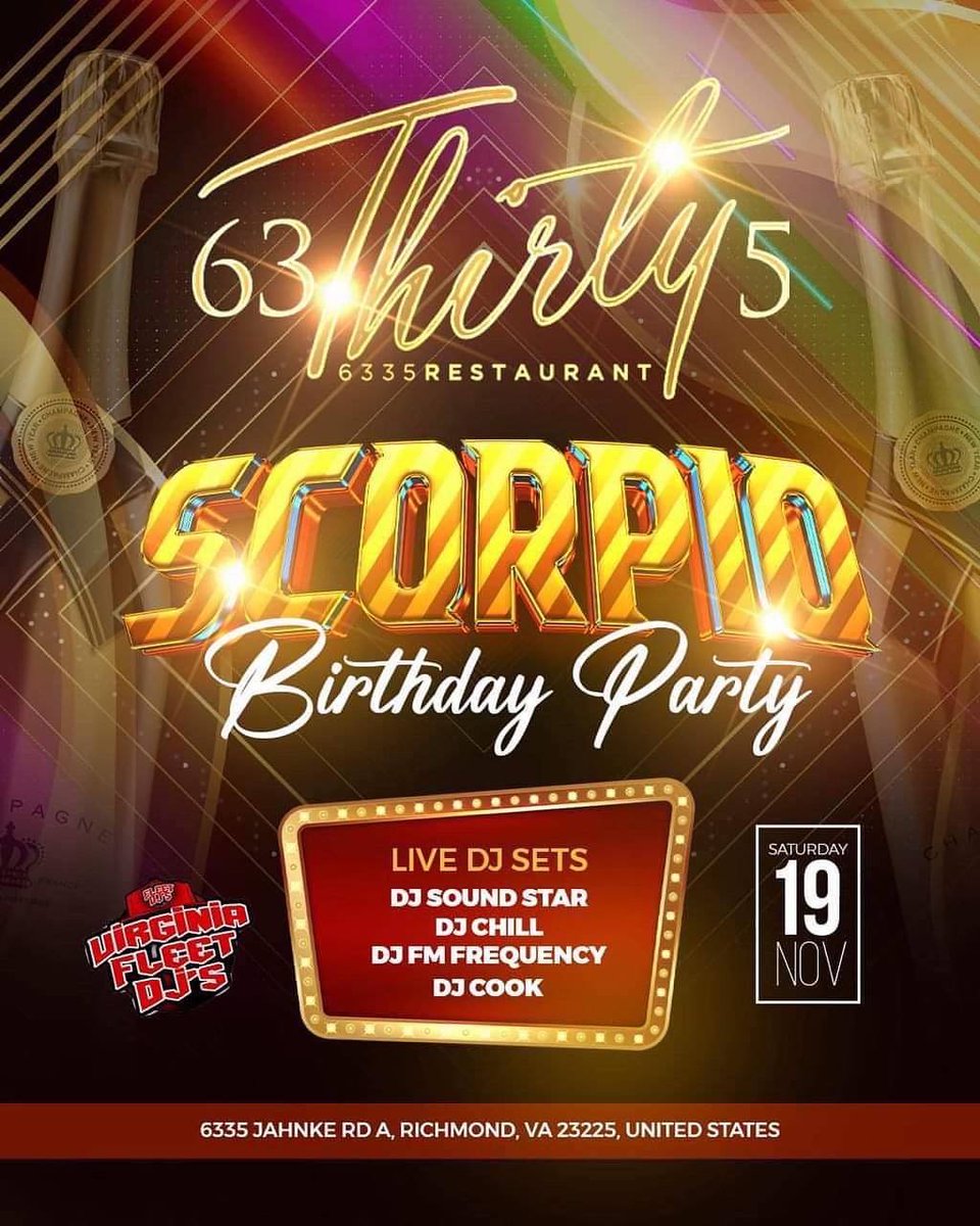 Join <a href="/vafleetdjs118/">vafleetdjs118</a> Sat. Nov 19, to celebrate Scorpio b-days and VA Fleet DJs party feat. Djs from all areas of VA! $10 before 11p $20 after 11p Hours 9p-2a party 🎉 and celebrate all the Scorpio ♏️ birthdays!
#vafleetdjs #fleetdjs #virginiafleetdjsstateoftheyear2022