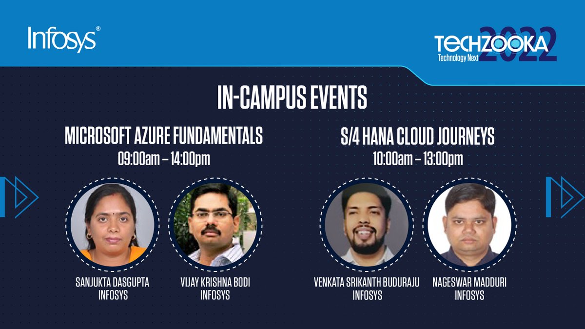 LifeAtInfy's tweet image. Infoscions in Hyderabad!📍This is your chance to physically be a part of #Techzooka2022. Come join us as we continue to expand the boundaries of IT and Tech &amp;amp; learn the fundamentals of #MicrosoftAzure &amp;amp; #SAP S/4 Hana cloud☁️journeys today. See you there!😀