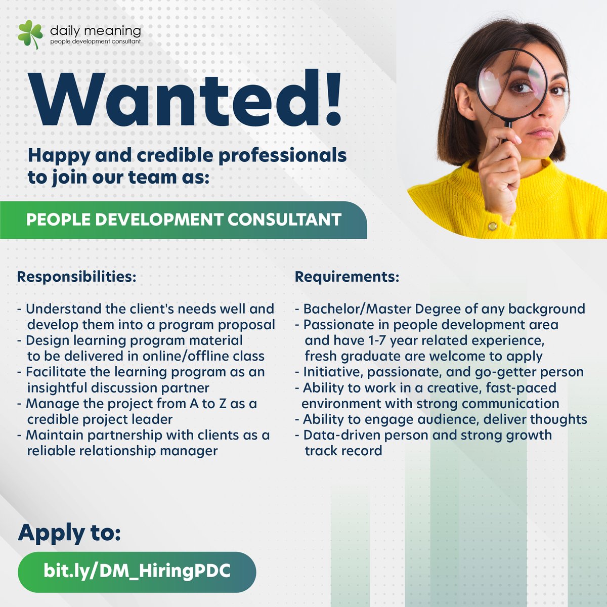We are Hiring People Development Consultant! 
Hybrid work. Link: bit.ly/DM_HiringPDC