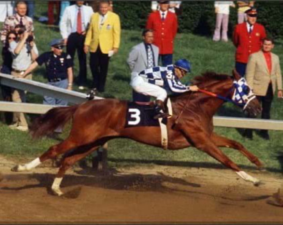 The fastest times ever recorded in each Triple Crown race:

Kentucky Derby: Secretariat, 1:59 2/5

Preakness Stakes: Secretariat, 1:53

Belmont Stakes: Secretariat, 2:24

Any goddamn questions?