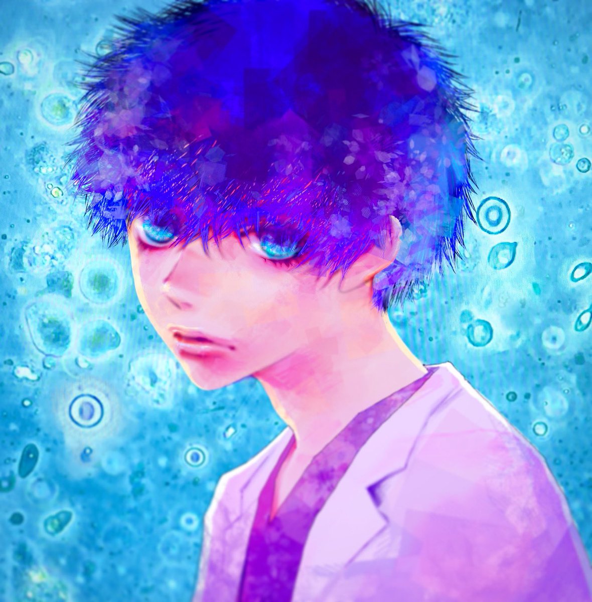 solo blue eyes 1boy male focus bubble looking at viewer shirt  illustration images