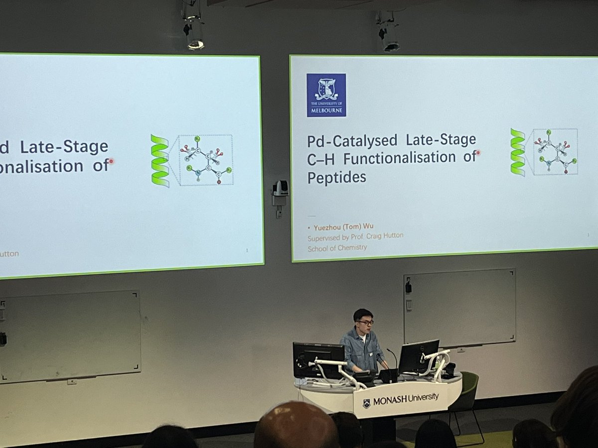 melbourne_pug's tweet image. Our final student speakers of the symposium are Yuezhou (Tom) Wu from @Hutton_Lab @ChemistryUoM, and Saawan Kumar from @AucklandUni. 

What wonderful science all the student presenters have shown us today!