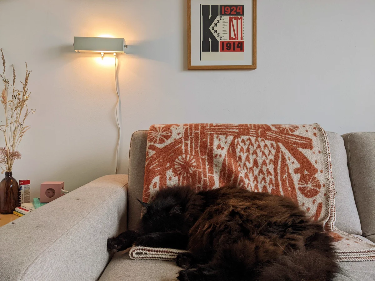 A small snoozy blob of fuzzy is sleeping peacefully on top of an orange/cream woolen blanket on a couch. Behind her is a small framed El Lissitsky print in black and red, and a small square wall lamp. The photo is giving cozy vibes. 