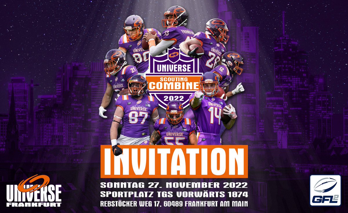 Frankfurt Universe (@ffm_universe) on Twitter photo 27.11.22 🏈 Scouting Combine Frankfurt Universe
Anmeldung ab ⏰️ 09:00 Uhr
🗺 Rebstöcker Weg 17, 60489 Frankfurt am Main
Anmeldung vorab unter sportlicheleitung@afc-universe.de
#kommtvorbei 27.11.22 🏈 Scouting Combine Frankfurt Universe
Anmeldung ab ⏰️ 09:00 Uhr
🗺 Rebstöcker Weg 17, 60489 Frankfurt am Main
Anmeldung vorab unter sportlicheleitung@afc-universe.de
#kommtvorbei