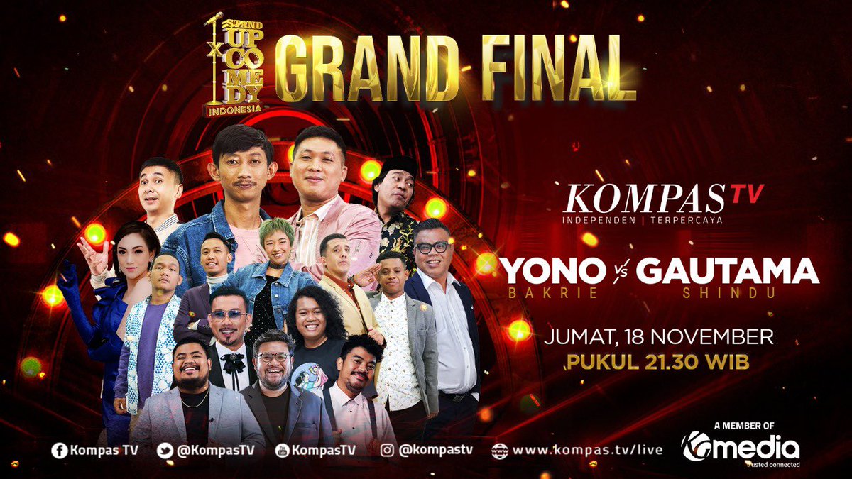 KompasTV's tweet photo. Para komika ditempa dengan sesi mentoring, combud, hingga bertumbuh dengan komentar beragam dari juri. Siapa juaranya? 

Jadilah saksi sejarah lahirnya sang juara yang terpecah di #GrandFinalSUCIX #Tawa1Dekade malam ini, pkl 21.30 WIB hanya di KompasTV!

#SUCIXTemanTertawa https://t.co/Ak2Thm9d5p