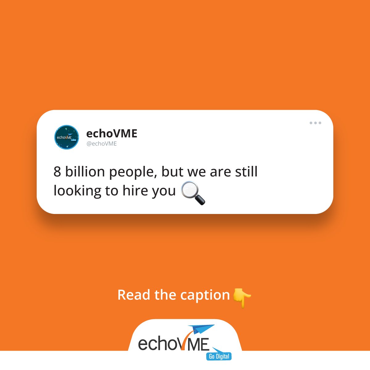 echoVME's tweet photo. Hiring for the below roles!

1. Senior Copywriter (Min 2-3 years experience) 
2. Google Ads Expert (Min 2 years experience) 
3. Junior Visualiser (Min 1 year experience)

Write to job@echovme.com today!

#echoVME #hiringalert #hiringnow #hiring #echoVMEans #topicalspot #8billion https://t.co/h5xfYsvcJe