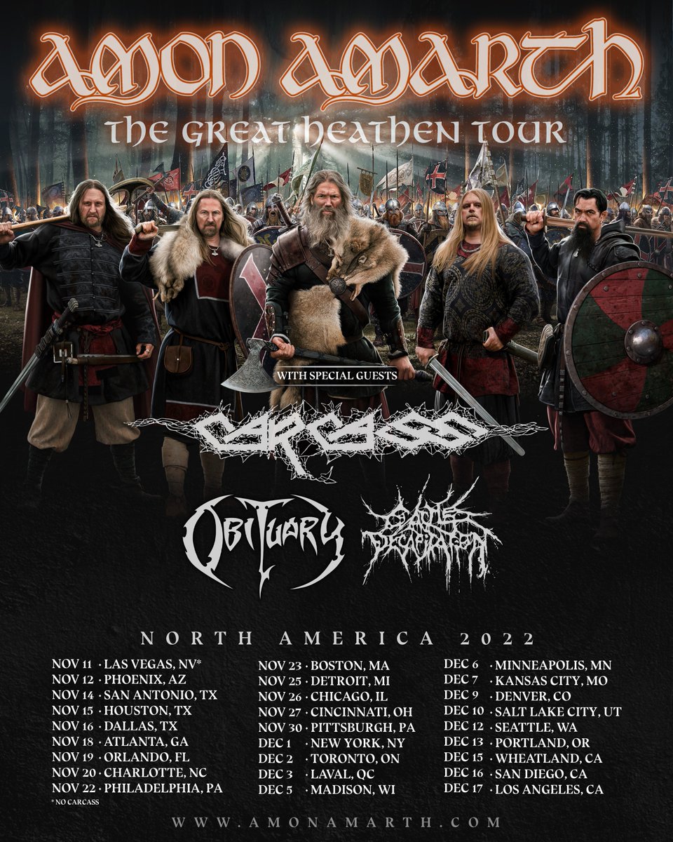 North America! Catch us on tour now with @cattledecap @obituarytheband and the mighty @AmonAmarthBand. Tickets at: bnds.us/iwu4h1 Don’t sleep on this one!