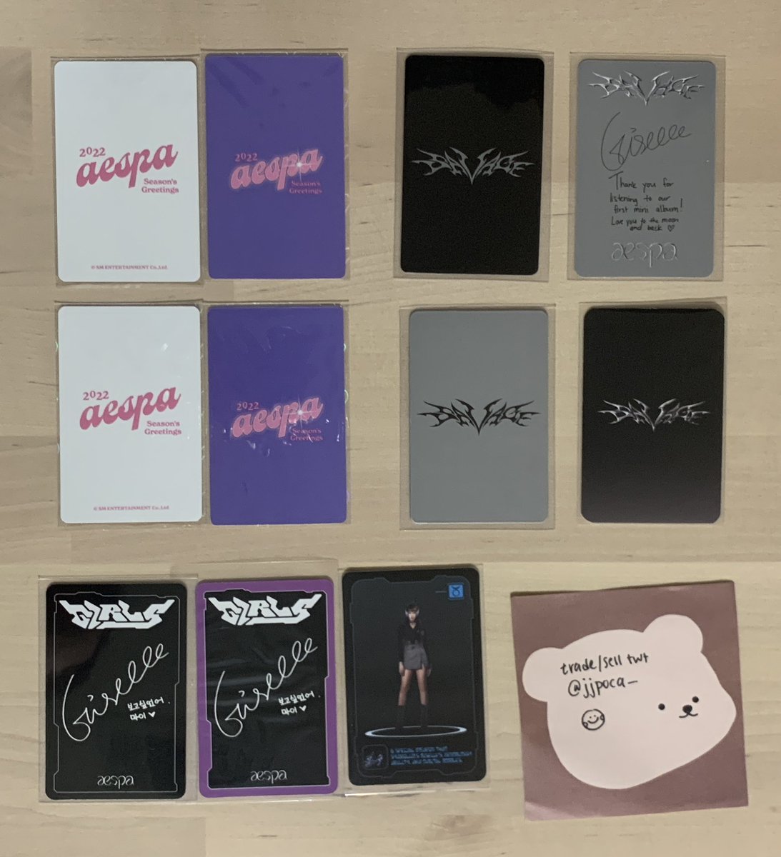 jjpoca_'s tweet photo. wts selling aespa photocards
2022 seasons greetings savage girls pcs

*sg pcs come as sets only
price: listed in picture
$1 stamped, $2 tracked shipping

usa only
dm/reply if interested!
winter giselle ningning karina https://t.co/K7nvNYkjhf
