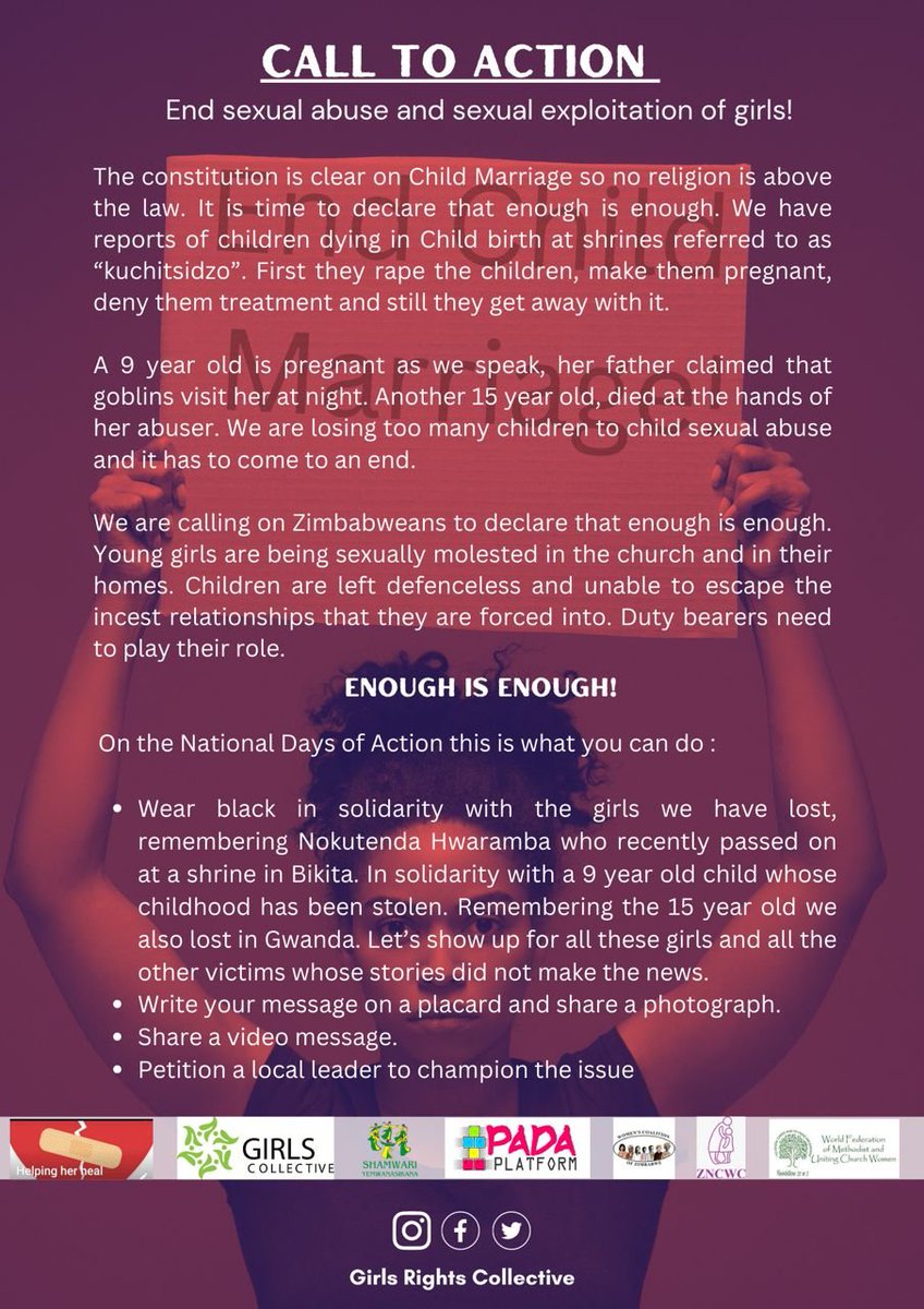 We stand with organisations calling us to action. Enough is Enough. A nine year old girl in Bindura is 27 weeks pregnant. How many times are we going to wake up to learn that a girl has been violated and robbed of her innocence, before we act? Enough is Enough!