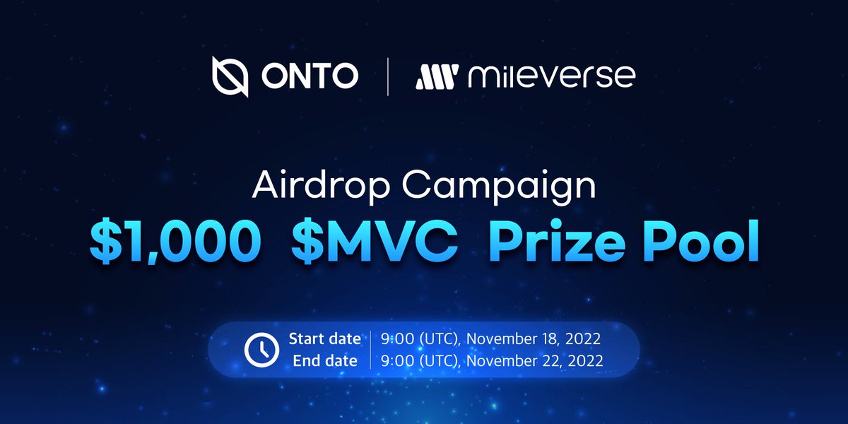 MileVerse_'s tweet photo. @MileVerse_ is running a #Giveaway with @ONTOWallet!🥰

To celebrate #MVC Token listing in ONTO Wallet $1000 worth of #MVC will be airdropped👏  

👉Start date: 9:00 (UTC), November 18, 2022
👉End date: 9:00 (UTC), November 22, 2022

Link: https://t.co/nidsqnZcVb https://t.co/hefBJw0Eev