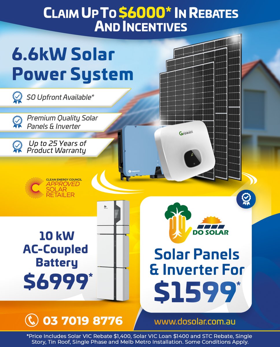 DosolarMelbourn's tweet photo. Special offer going on for a limited period!
Call Now &amp; Get A FREE Quote 03 7019 8776
Get a free consultation on solar panel system
visit our web: https://t.co/dT3ufhtub3 and fill up the form.
Refer Your Friend &amp; Family &amp; get a $100* Referral amount.
*terms and conditions apply. https://t.co/6xR23BcxU8