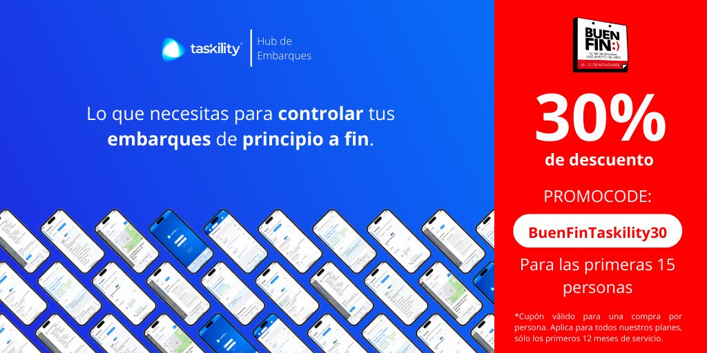 taskility's tweet image. Si no aprovechaste el descuento anterior. Te tenemos éste descuento del 30% en todos nuestros planes para las primeras 15 personas en usar el PROMOCODE: BUENFINTASKILITY30.

#Taskility #MejoresEmbarques #BuenFin #Software #Logística #SoftwareDeLogistica