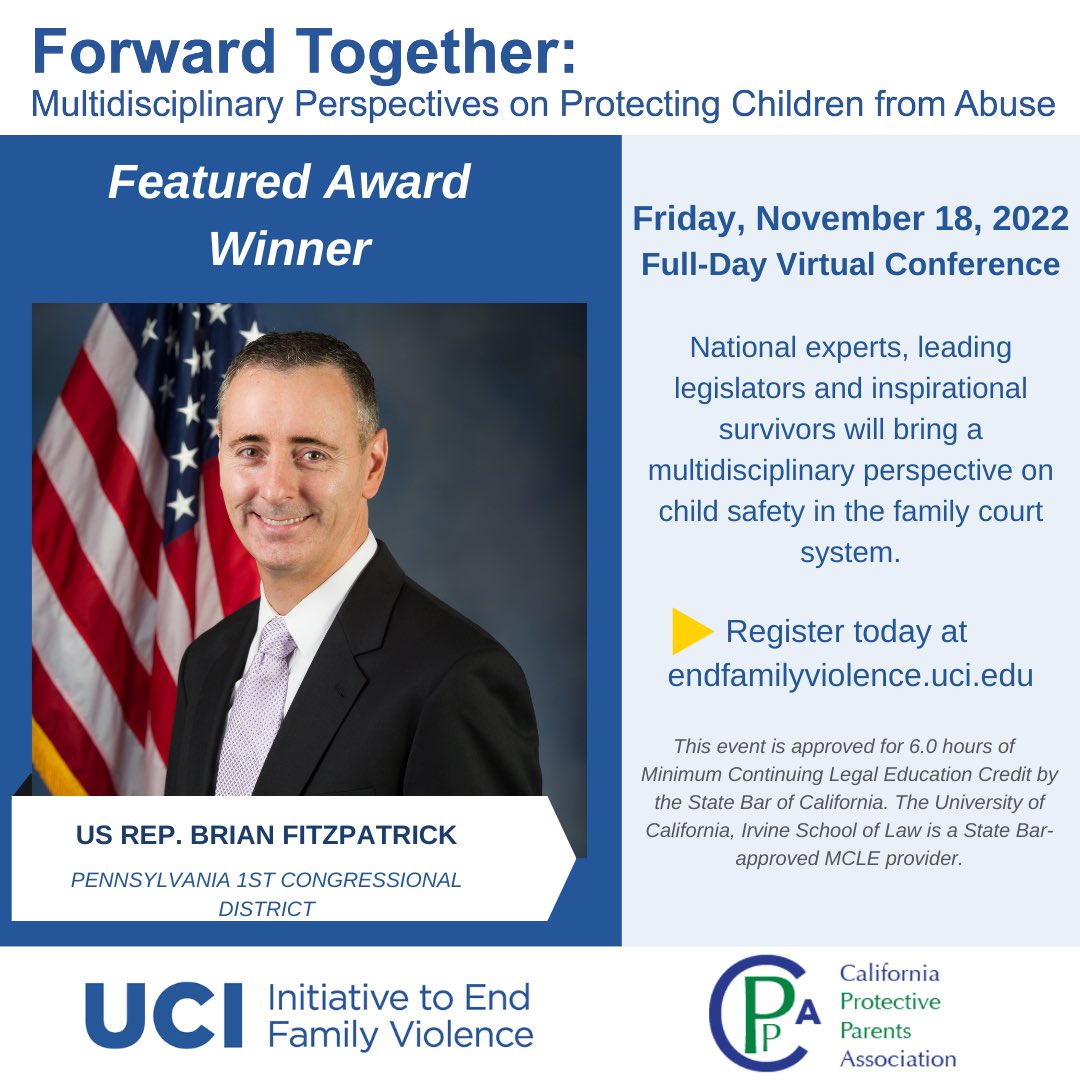 We are proud to announce one of our 2022 Justice for Children Leader Award winners, US Congressman Brian Fitzpatrick, author of Kayden’s Law in VAWA! Join us at 10:30 am PT Friday, 11/18 to hear @RepBrianFitz accept his award! Learn more & register here: caprotectiveparents.org/forward-togeth…