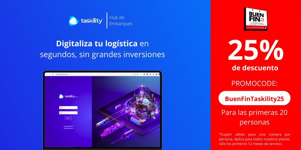 taskility's tweet image. Si no aprovechaste el descuento anterior. Te tenemos éste descuento del 25% en todos nuestros planes para las primeras 20 personas en usar el PROMOCODE: BUENFINTASKILITY25.

#Taskility #MejoresEmbarques #BuenFin #Software #Logística #SoftwareDeLogistica