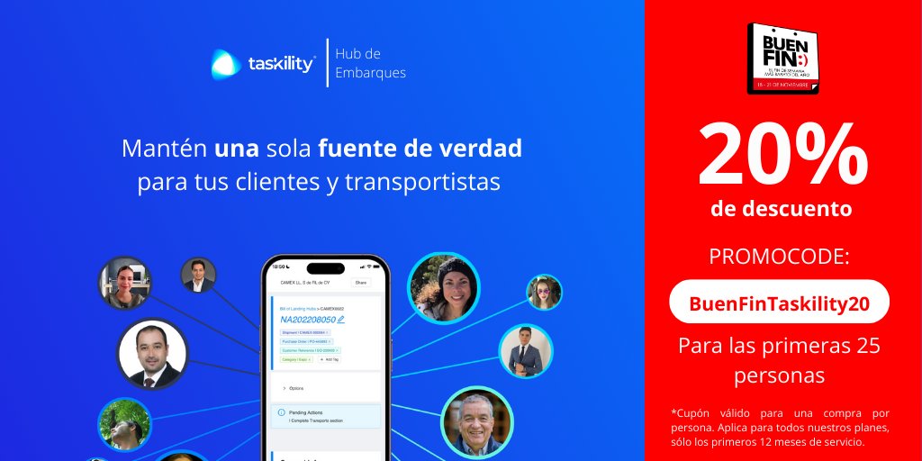 taskility's tweet image. Si no aprovechaste el descuento anterior. Te tenemos éste descuento del 20% en todos nuestros planes para las primeras 25 personas en usar el PROMOCODE: BUENFINTASKILITY20.

#Taskility #MejoresEmbarques #BuenFin #Software #Logística #SoftwareDeLogistica