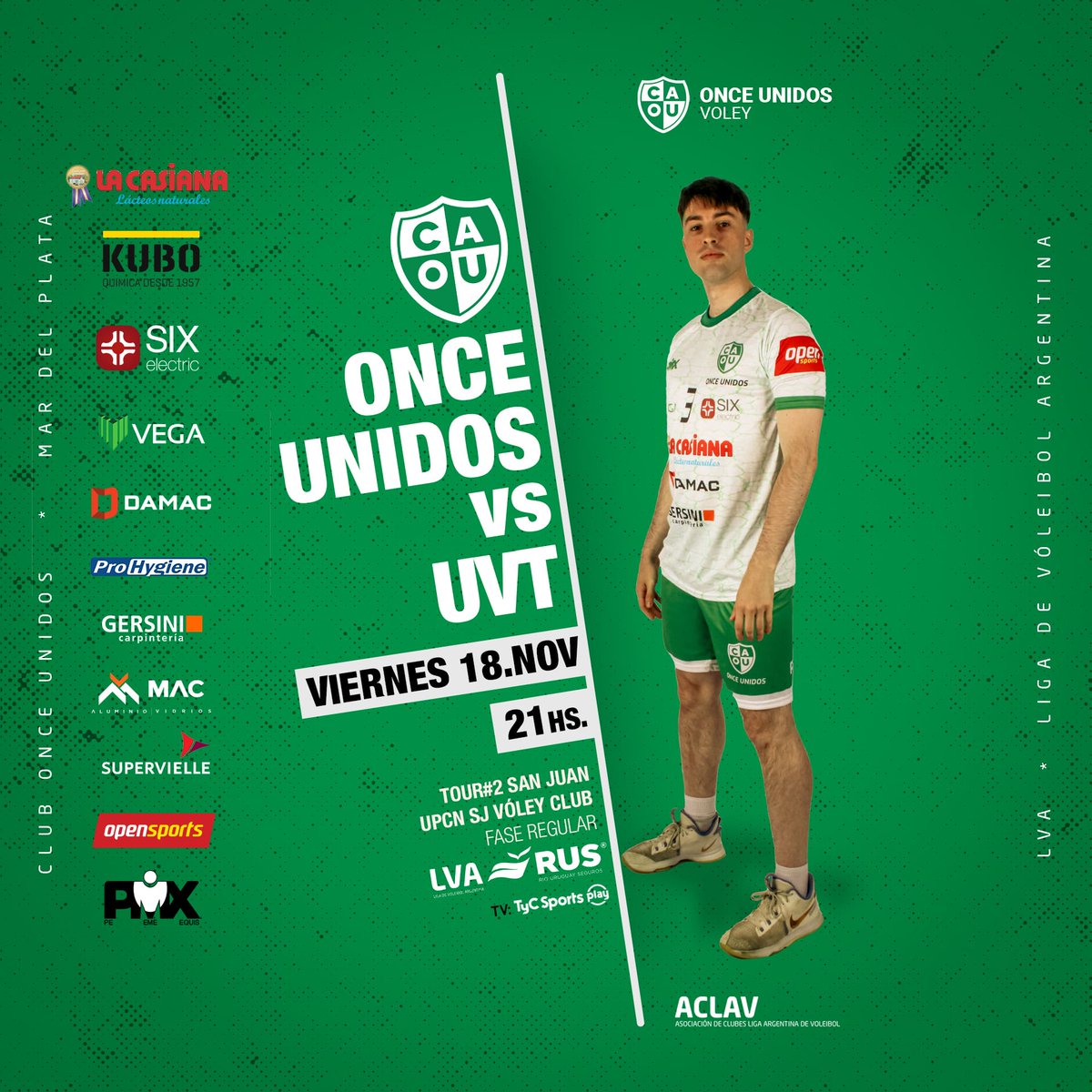 #LVARUS #Tour#2 SAN JUAN
Fase Regular
LVA Temp. 22/23💪💚🇳🇬
.
Día👇
VIE 18.NOV
Hora👇
🇳🇬 21:00hs
Lugar👇
UPCN SJ Vóley Club
ONCE UNIDOS VS UVT SJ VÓLEY
.
.
Once Unidos es la gente alentando!
Once unidos es pasión!💚
.
<a href="/clubonceunidos/">Club Once Unidos</a>
@voleyaclav
@deportesmgp
@turismomardelplata
.