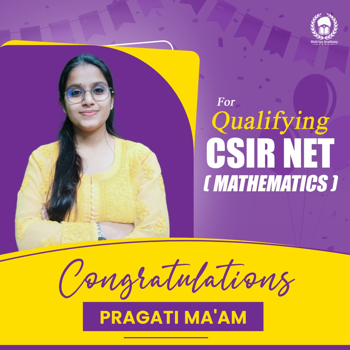 malviyaacademy1's tweet photo. Congratulations Pragati Ma'am For Qualifying CSIR NET ( Mathematics ) . 
May Mahadev Bless You and keep Converting Your Hard work in fruitful Results . 
The Whole Malviya Academy Family is Happy With Your Back to Back Success . 
Best wishes 
@ppragati020 https://t.co/PWoRYLr0A8