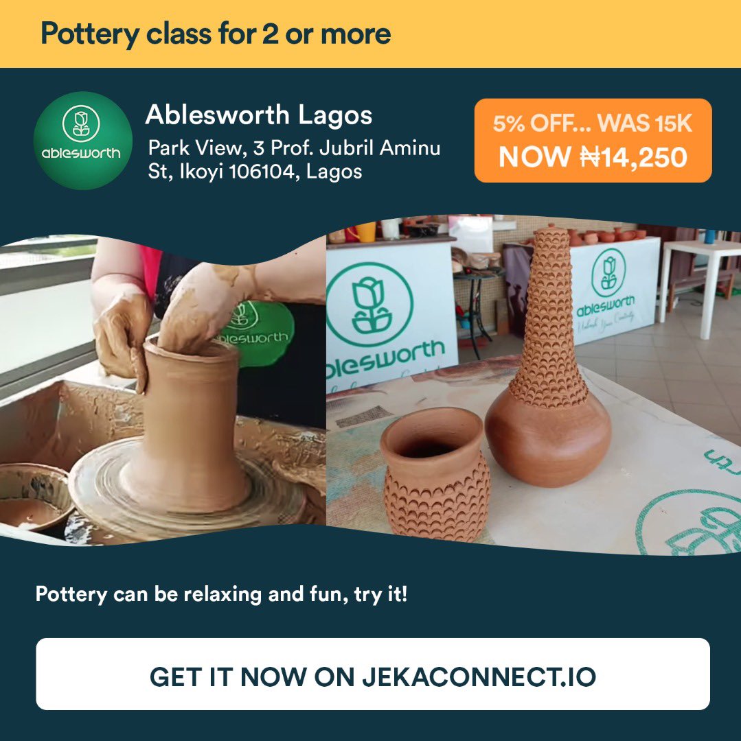 JekaConnect's tweet image. Enough sipping and painting, why not enroll for a fun pottery class?

Get 5% off when you reserve this deal on Jekaconnect for two of more people. Visit jekaconnect.io to get started.