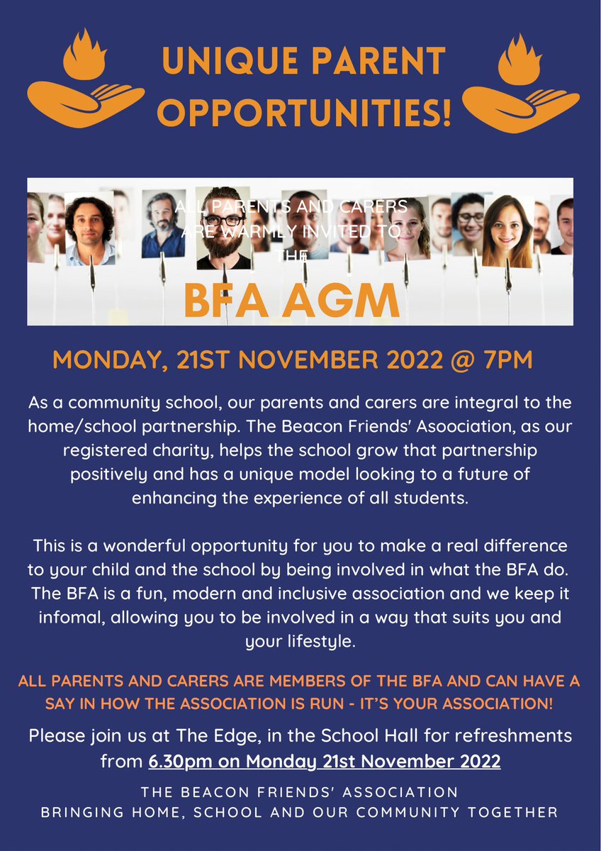 Our very important BFA AGM is on Monday 21st November. Everyone is welcome. A chance to have your say and elect our trustees. Refreshments from 6.30pm. See you there. @TheBeaconSch