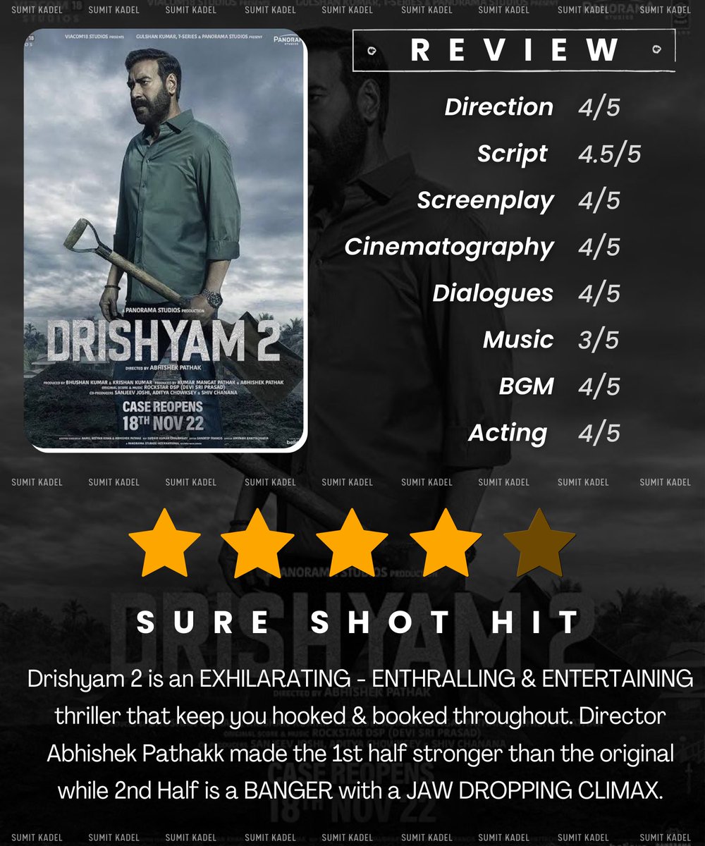#Drishyam2Review ⭐️⭐️⭐️⭐️ 

#Drishyam2 is an EXHILARATING - ENTHRALLING &amp; ENTERTAINING thriller that keep you hooked &amp; booked throughout. Director <a href="/AbhishekPathakk/">Abhishek Pathak</a> made the 1st half stronger than the original while 2nd Half is a BANGER with a JAW DROPPING CLIMAX.

SURE SHOT HIT