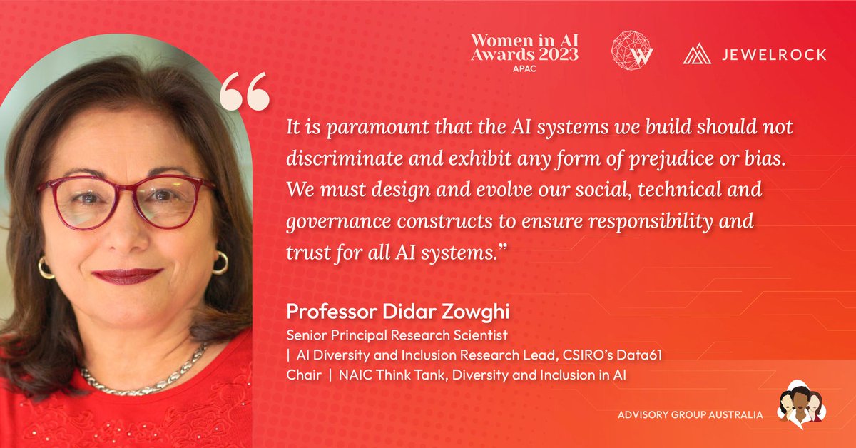 Data61 (@data61news) on Twitter photo AI leader Prof @DidarZowghi has been announced as an Advisor for next year's <a href="/women_in_ai/">Women in AI</a> Asia Pacific awards💡 Please join us in congratulating her!
Prof Zowghi is a driving force behind our Diversity & Inclusion in AI research program & a renowned info tech educator. AI leader Prof @DidarZowghi has been announced as an Advisor for next year's <a href="/women_in_ai/">Women in AI</a> Asia Pacific awards💡 Please join us in congratulating her!
Prof Zowghi is a driving force behind our Diversity & Inclusion in AI research program & a renowned info tech educator.