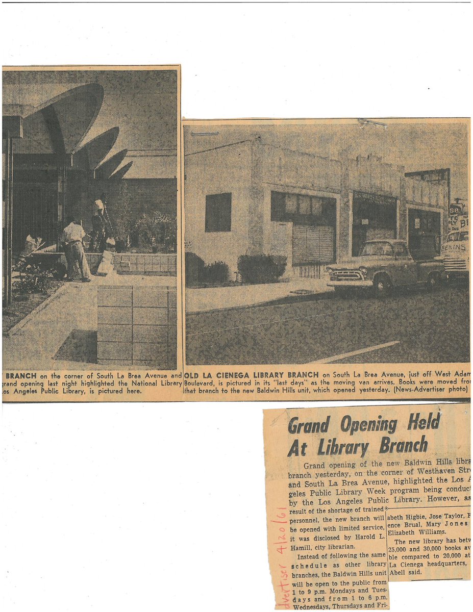 BaldwinHills's tweet image. Did you know our current #BaldwinHillsLibrary building opened twenty years ago in 2002?!

Before that there was a Baldwin Hills Library building with the same address that opened in 1961!

Even before that we had a library off La Brea Ave. &amp;amp; Adams Blvd. named La Cienega Library!