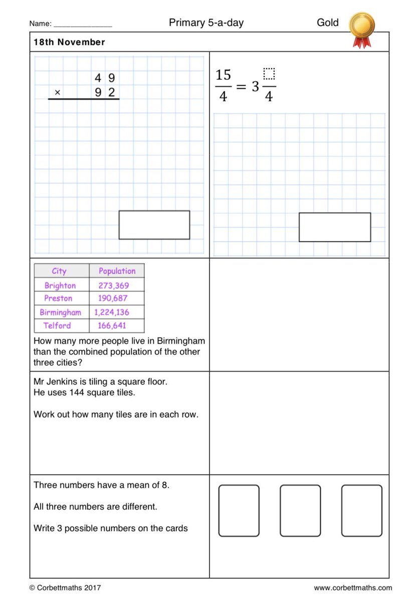 Corbettmaths on Twitter: "Primary 5-a-day with 4 levels of difficulty: bronze, silver, gold and ...